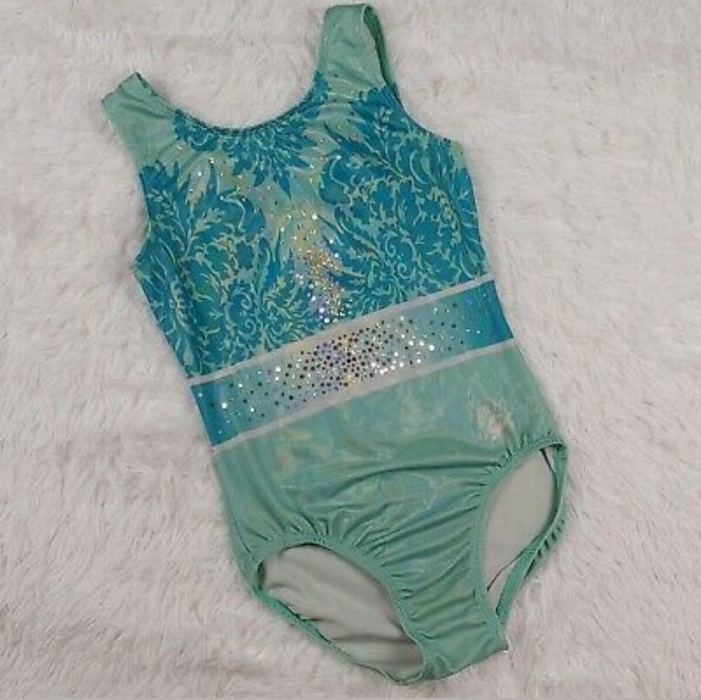 GK Simone Biles Light Blue, Green and Silver Embellished Leotard